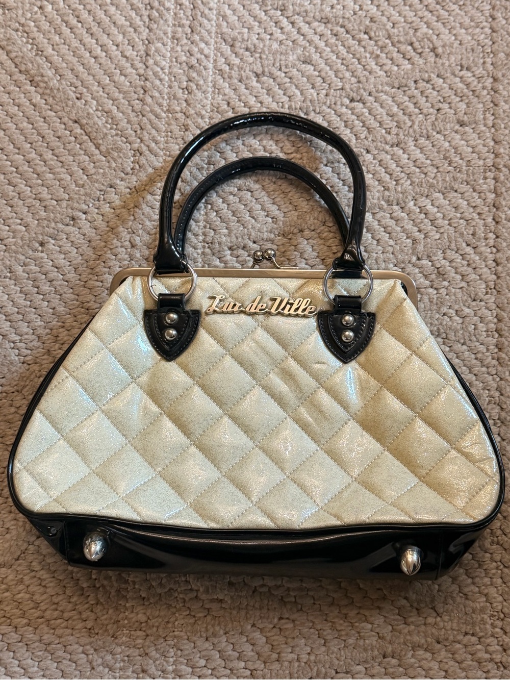 Lux de Ville Quilted Cream and Black Patent handbag purse